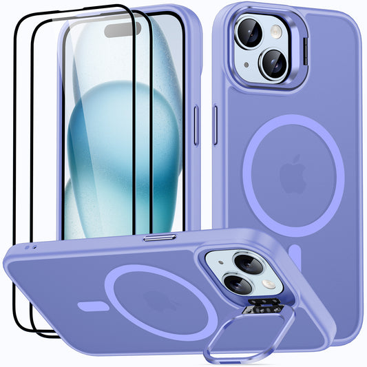 JAME for iPhone 15 Case with Stand, 2X [Tempered Glass Screen Protector], [Compatible with Magnetic], Built-in Camera Kick-Stand Phone Case for iPhone 15, Magnetic Case for iPhone 15, 6.1”, Lavender