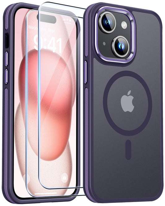 JAME for iPhone 15 Case, iPhone 15 Phone Case with 2 Tempered-Glass Screen Protectors, [Compatible with Magsafe], [Military-Grade Protection], Shockproof Slim Fit Phone Case for iPhone 15 Case, Purple