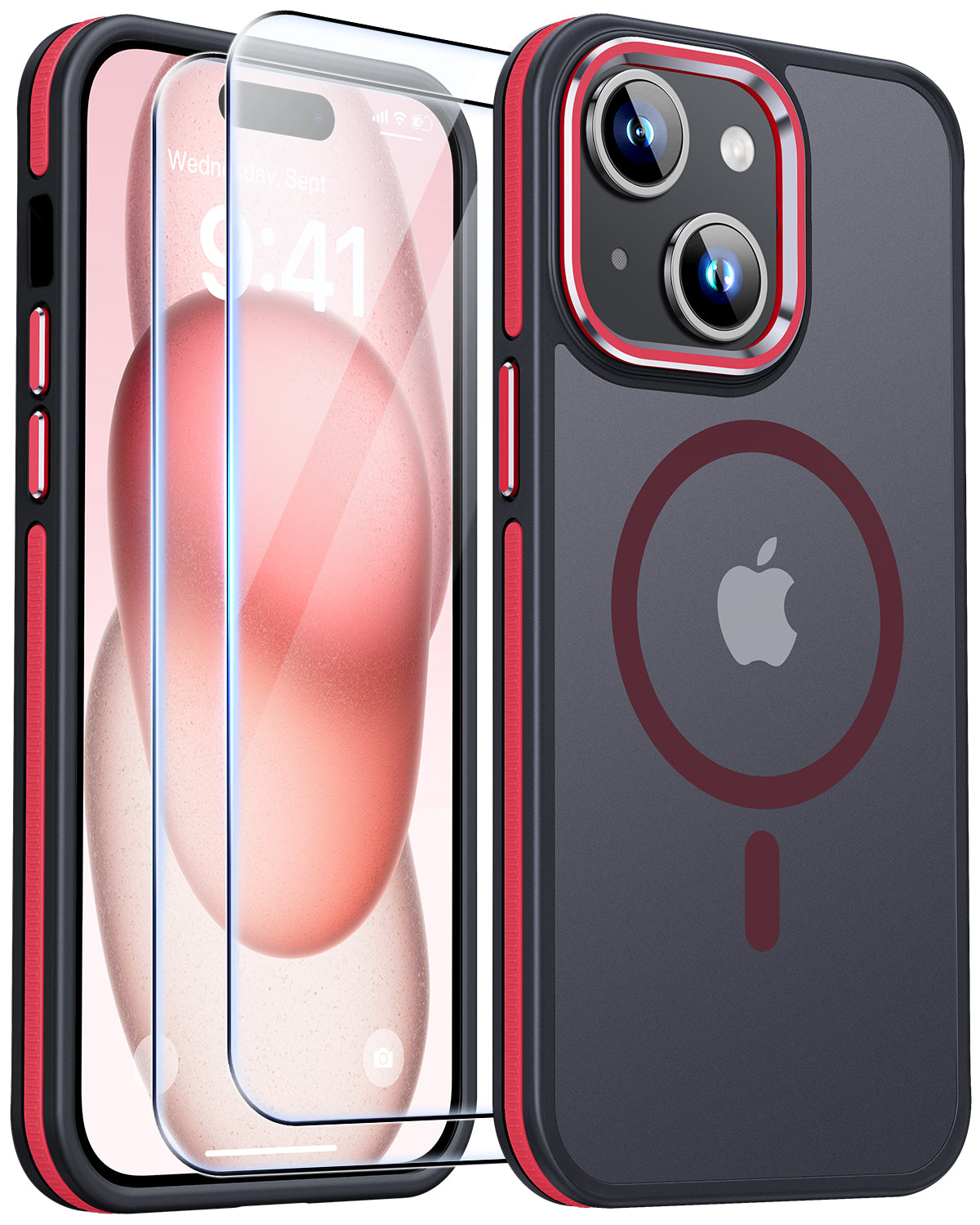 JAME for iPhone 15 Case, iPhone 15 Phone Case with 2 Tempered-Glass Screen Protectors, [Compatible with Magsafe], [Military-Grade Protection], Shockproof Slim Fit Phone Case for iPhone 15 Case, Red