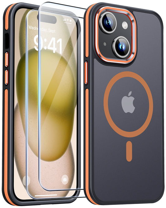 JAME for iPhone 15 Case, iPhone 15 Phone Case with 2 Tempered-Glass Screen Protectors, [Compatible with Magsafe], [Military-Grade Protection], Shockproof Slim Fit Phone Case for iPhone 15 Case, Orange