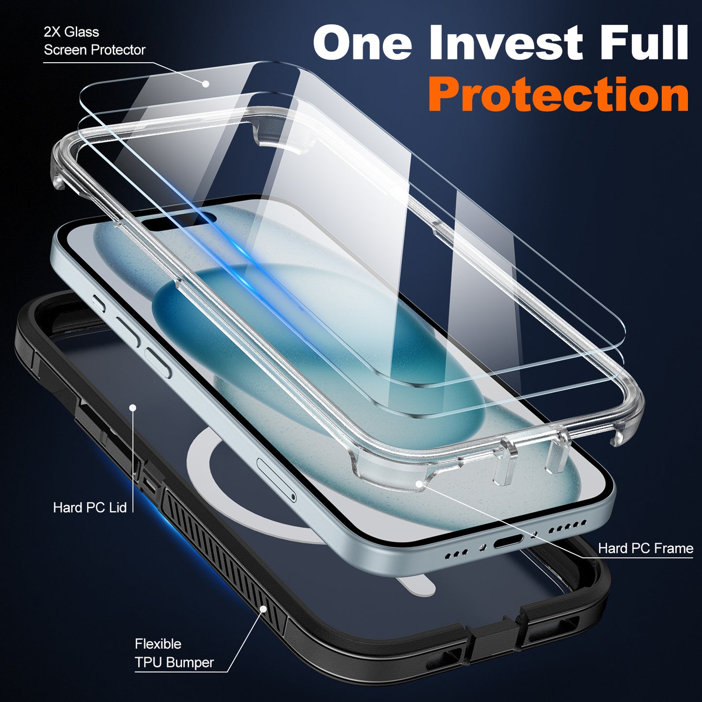 JAME Magnetic for iPhone 15 Case with 2 Glass Screen Protectors, Compatible with Magsafe, Military-Grade Protection, Hard Protective Cover Shockproof Phone Case for iPhone 15, 6.1 inch, Matte Clear