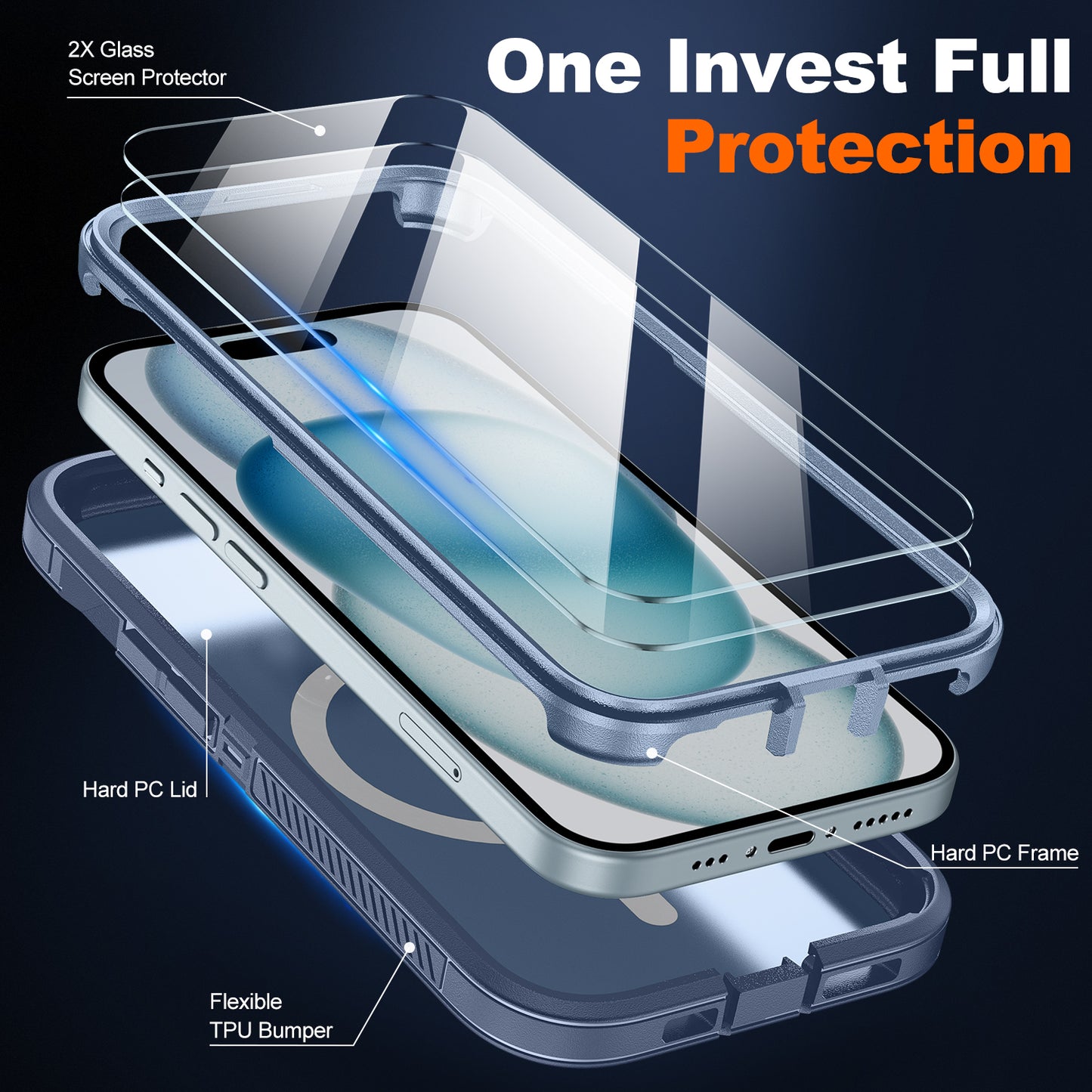JAME Magnetic for iPhone 15 Case with 2 Glass Screen Protectors, Compatible with Magsafe, Military-Grade Protection, Hard Protective Cover Shockproof Phone Case for iPhone 15, 6.1 inch, Blue