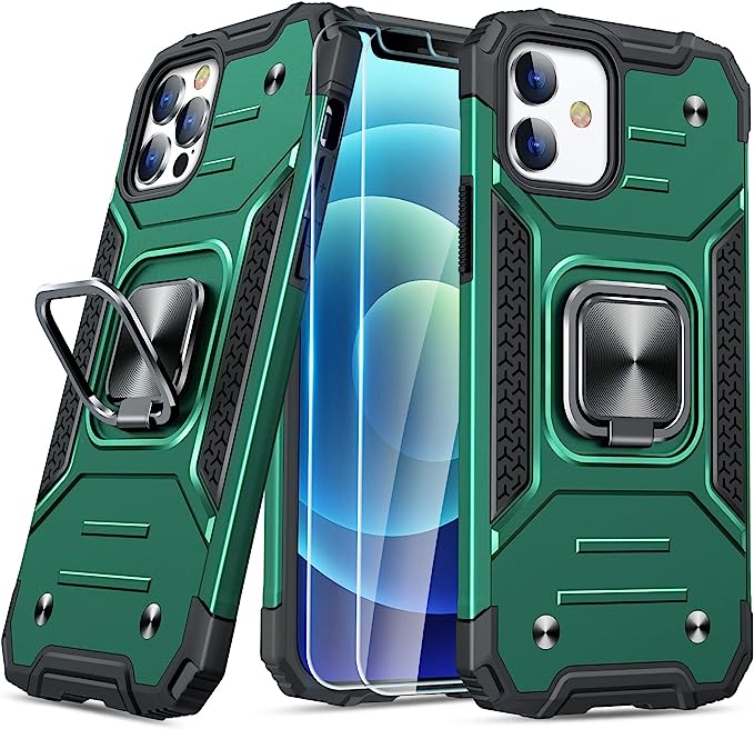 JAME Case for iPhone 12 Pro Case for iPhone 12 Case with Tempered Glass Screen Protector 2PCS Military Grade Protection with Ring Kickstand